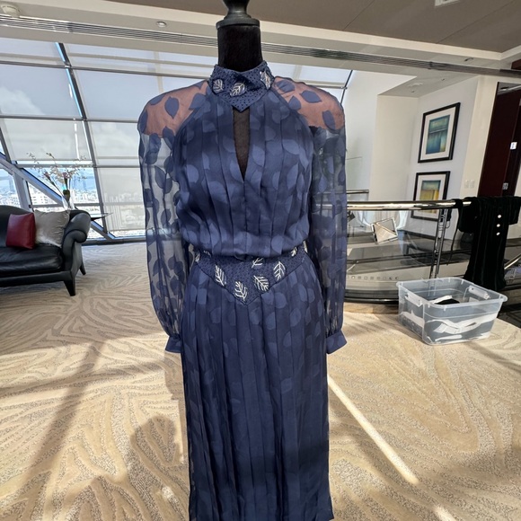 Dresses & Skirts - Vintage Sheer Navy Blue Dress with Hand Beaded Leaf Accents